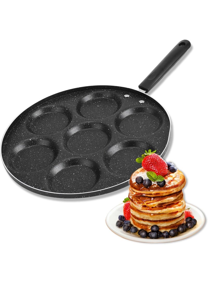 Kawkab Nonstick 7-Cup Pancake Maker Pan, Mini Pancake Griddle with PFOA-Free Coating, Kids’ Breakfast Cooking Pan, Includes Silicone Brush,Wooden shovel, Gas Stove Compatible, Black - Image 2